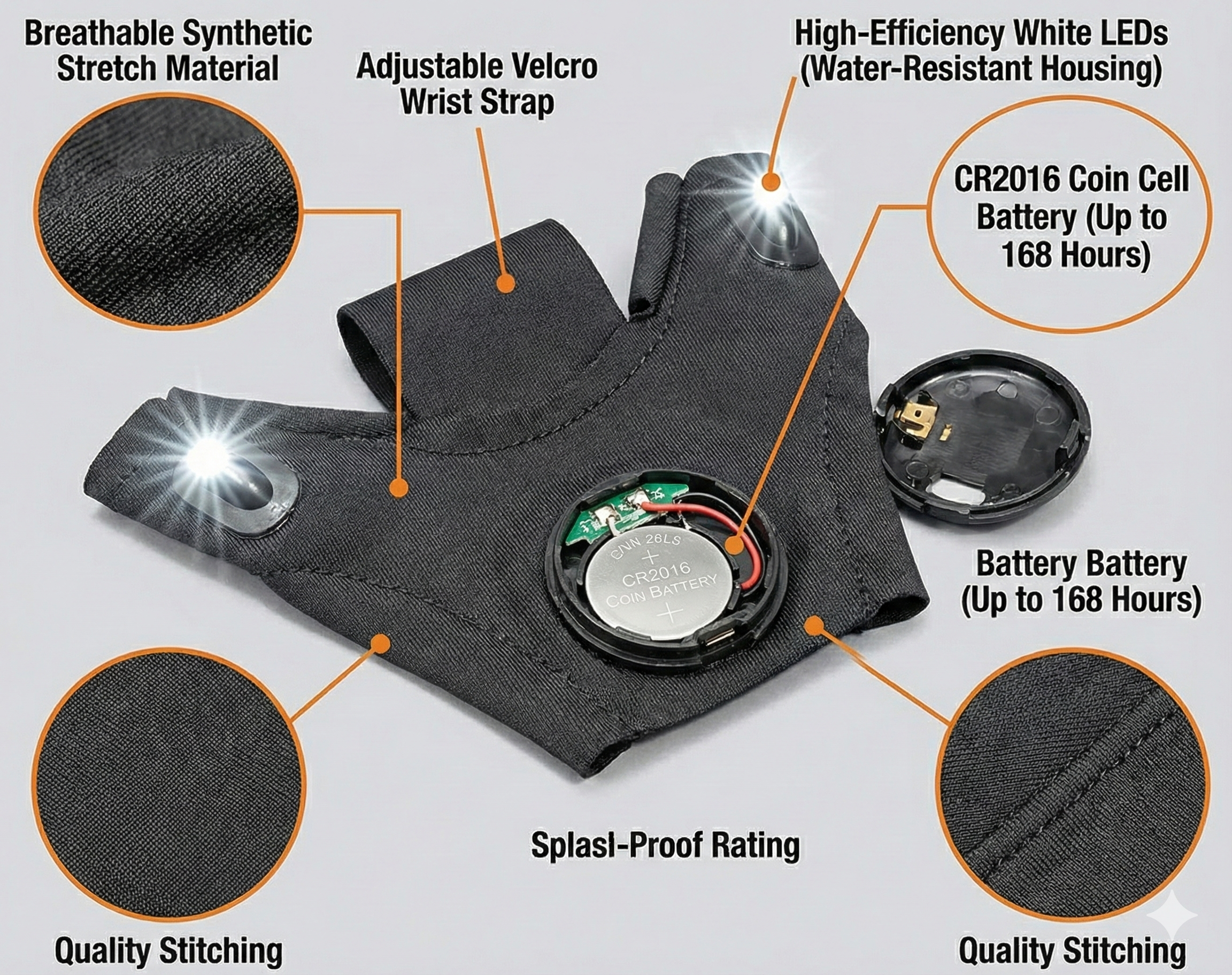 Diagram showing the layers of Super Gloves: fabric, wiring and LED modules